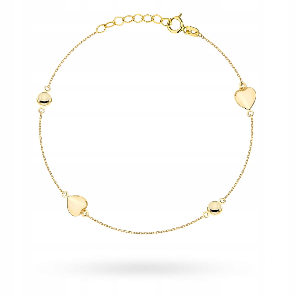 Zlatý náramek 585 s konvexními srdíčky a kroužky jako dárek na Valentýna 14k