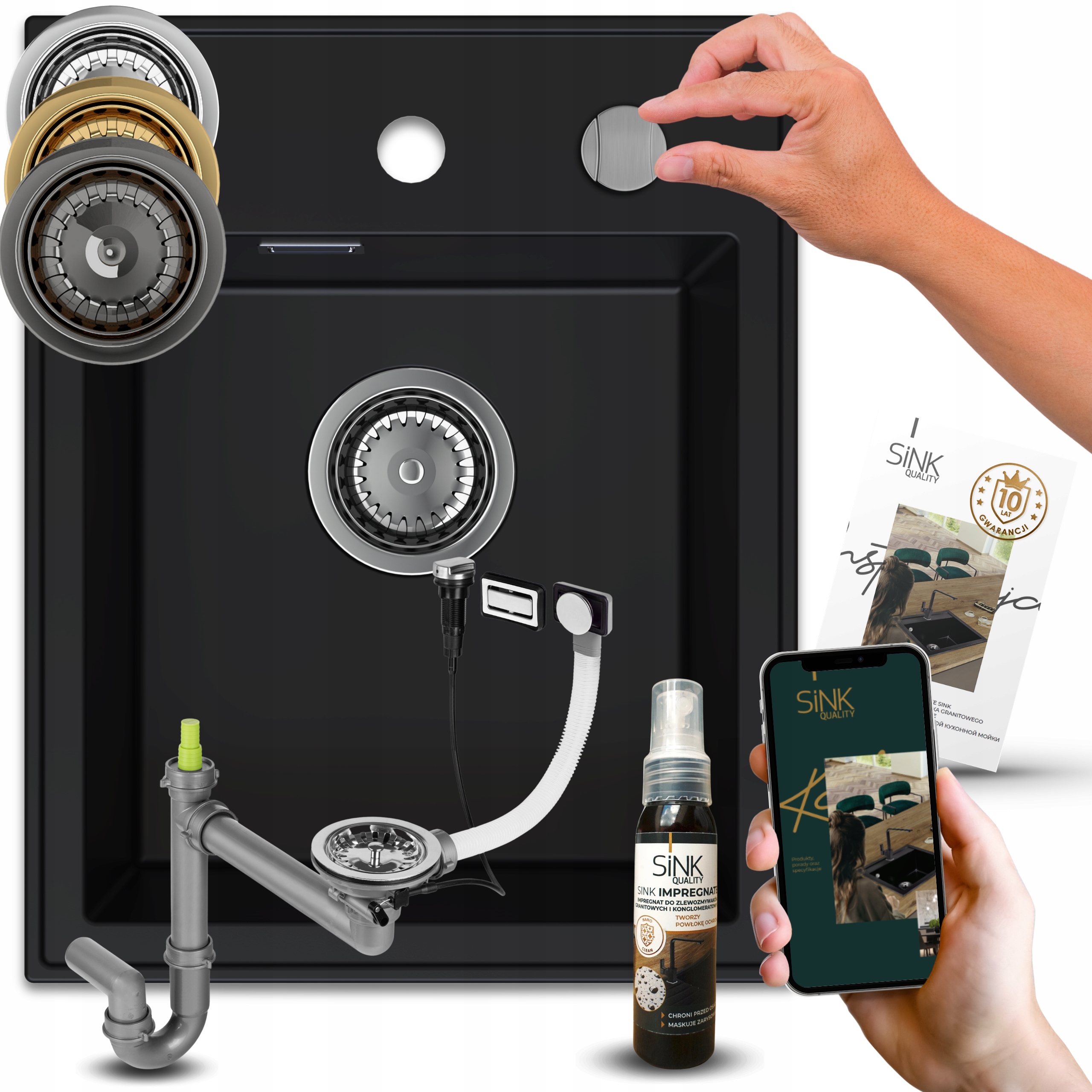 dřez Granitový Jednokoromový Černý Sifon Automat+impregnat 7v1