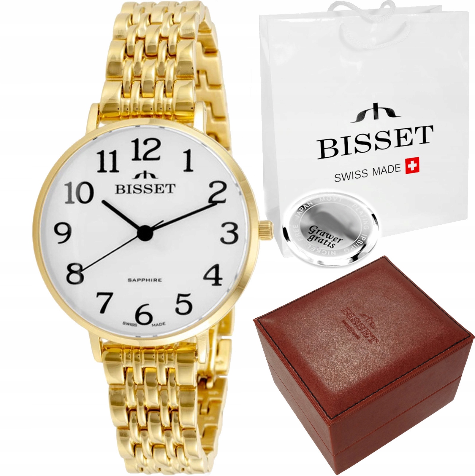 Švýcarské dámské hodinky Bisset Zlatý Ocelový Náramek Velké Číslice