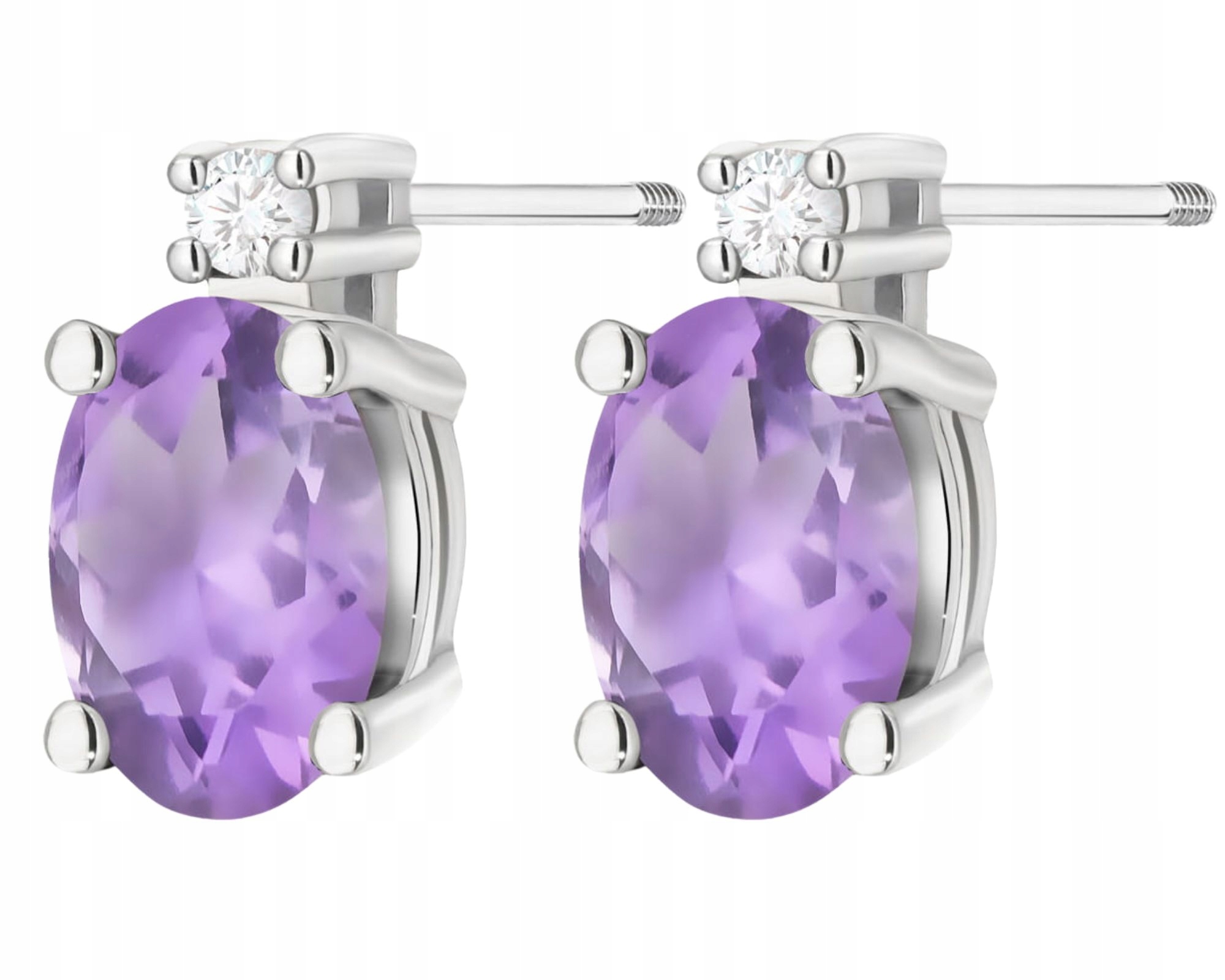 Bílé Zlato Náušnice S Ametystem A Diamanty 585 Gravírování Šroubovací Tyčinka
