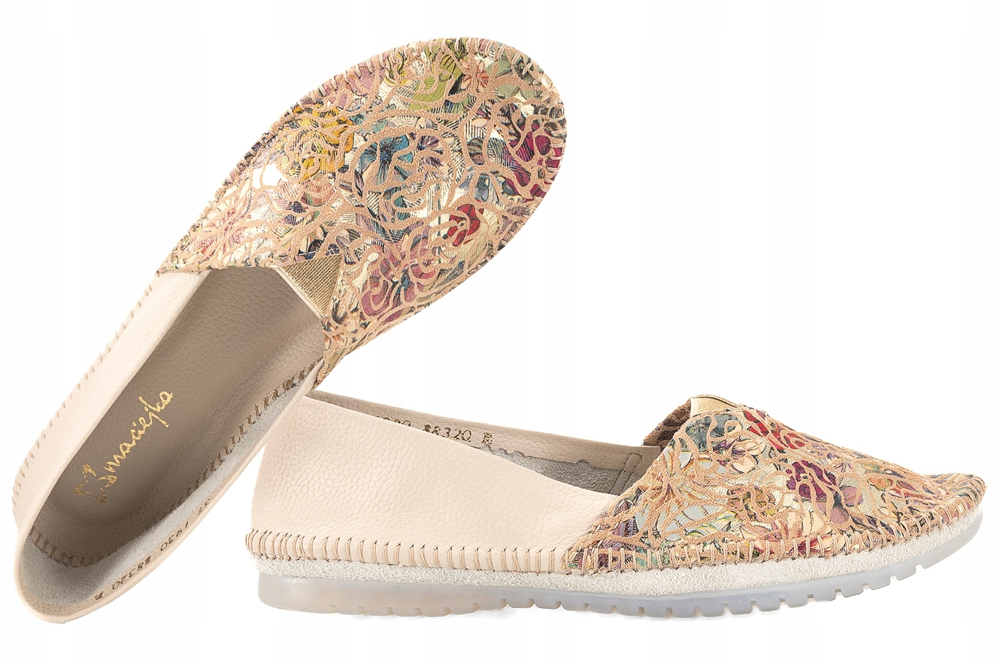 Maciejka 1930B-04 Mokasíny Polobotky Kožené Balerínky béžové/květinové Béžová 41