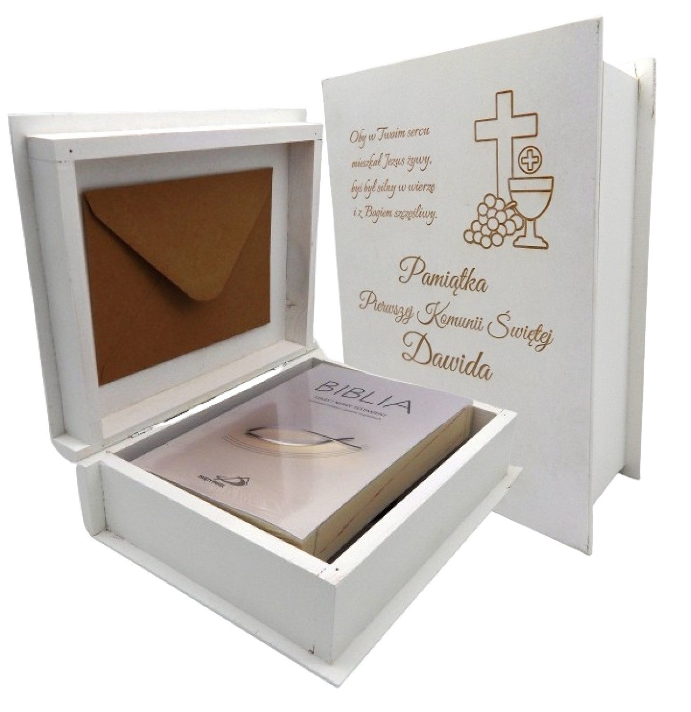 PAMIĄTKA PIERWSZEJ KOMUNII ŚWIĘTEJ W ETUI BIBLIA PISMO ŚWIĘTE CHRZEST ŚLUB