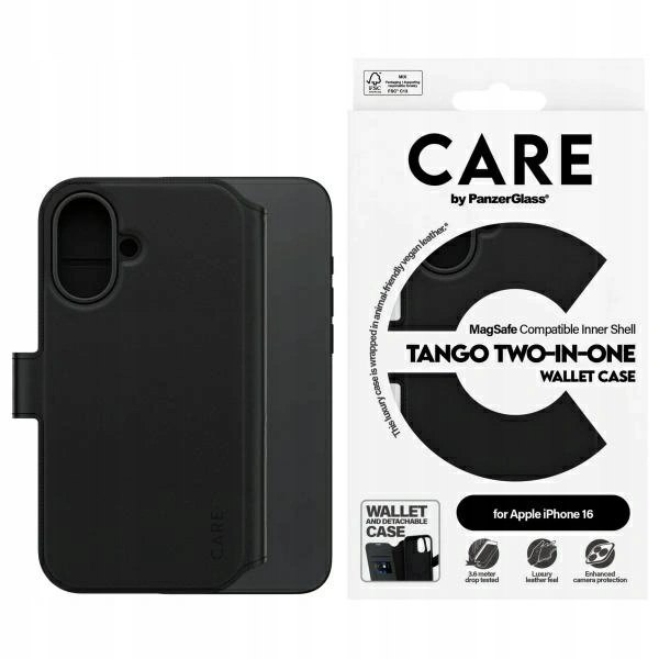 Flipové pouzdro PanzerGlass Feature Tango 2v1 MagSafe pro iPhone 16, černé
