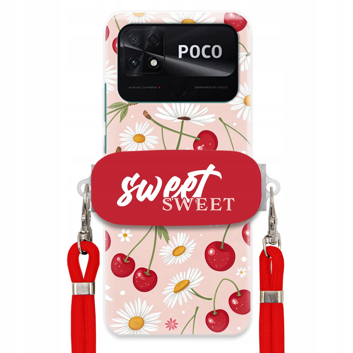 Puzdro pre Xiaomi Poco C40 Červené vodítko Crossbody držiak Sweet Kvet čerešne