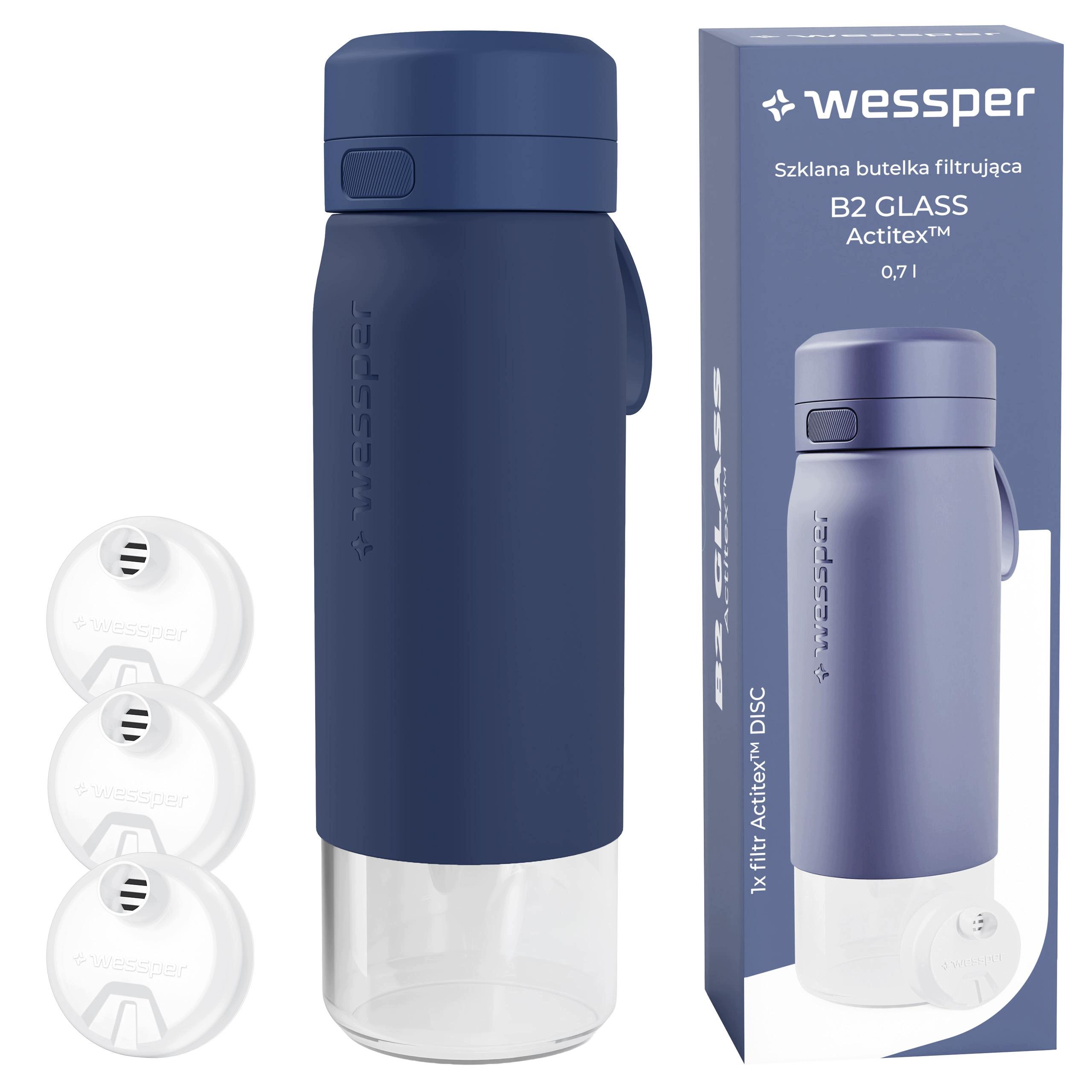 Skleněná filtrační láhev láhev na pití na vodu Wessper B2 Actitex 700 ml 3x filtr
