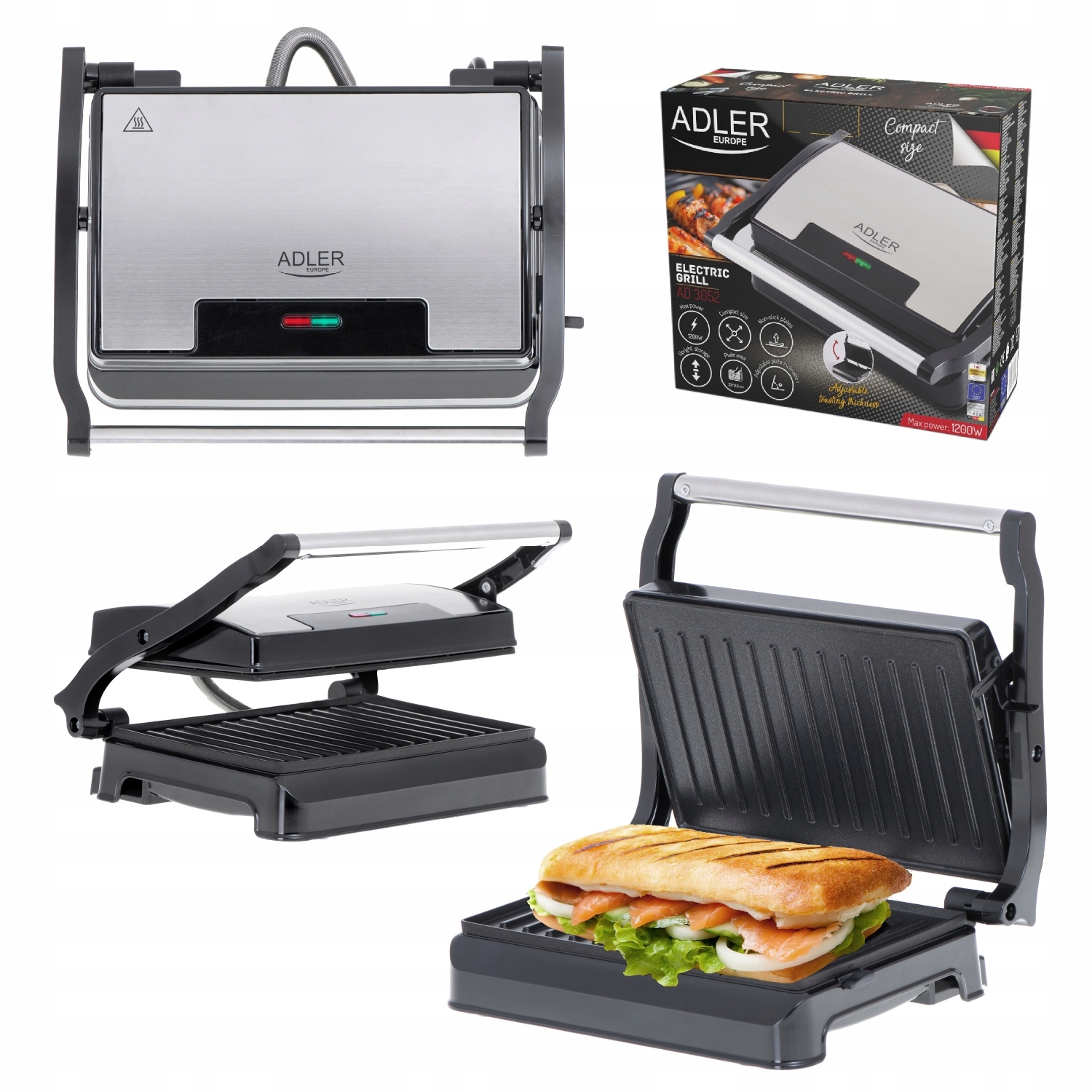 Grill elektryczny Adler AD 3052 z regulacją nachylenia i płytą teflonową