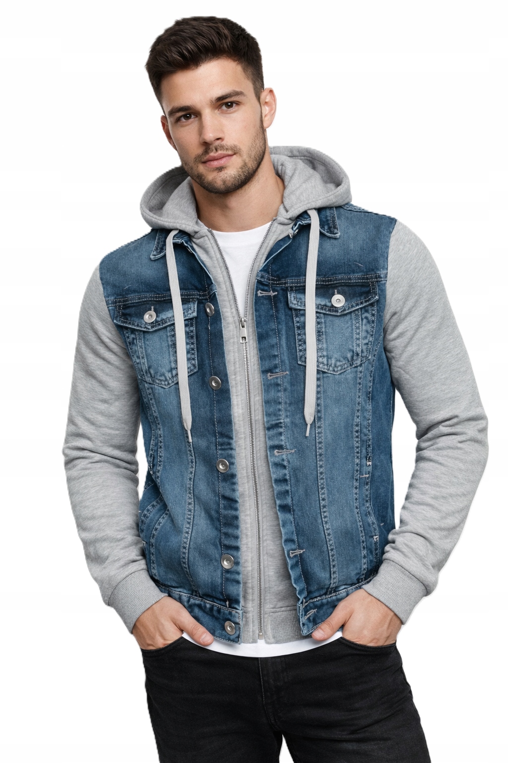 Džínová Bunda S Kapucí Pánská 801-4 šedá bavlněná s knoflíky na zip