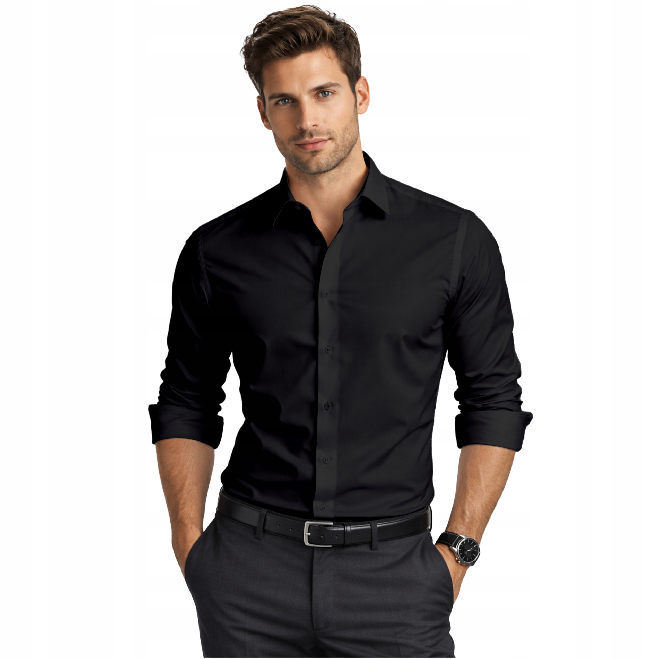 Koszula męska Espada czarna Slim Fit gładka z elastanem długi rękaw L-41