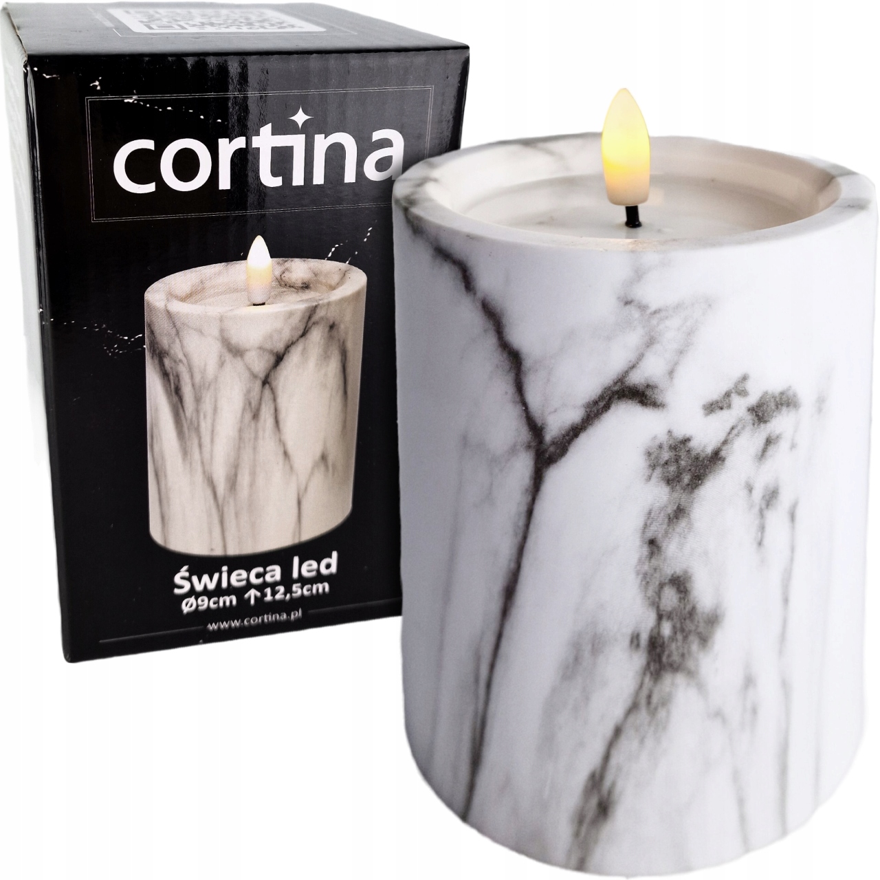 Świeca LED marmurowa biała – dekoracyjna lampka LED 9 cm x 12,5 cm