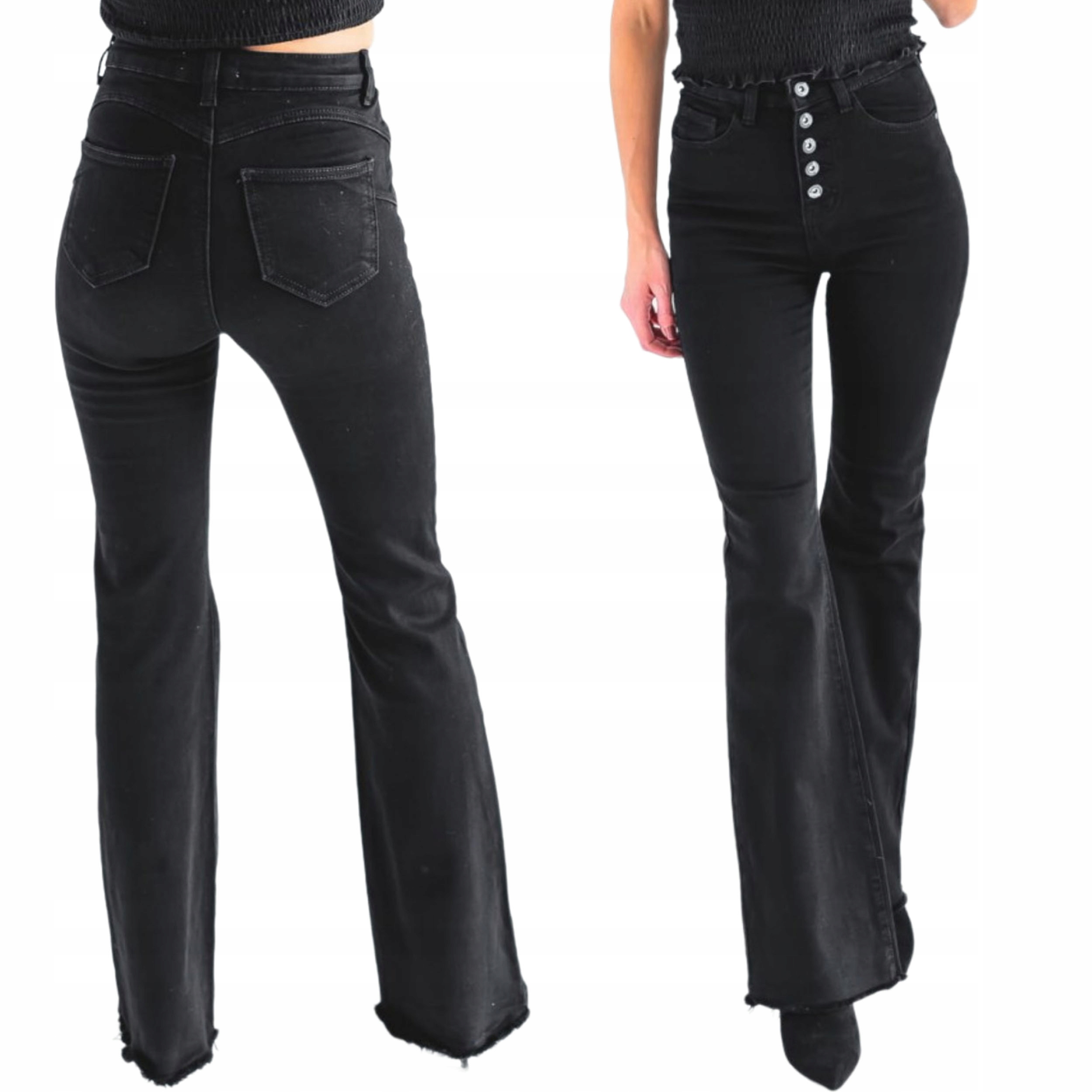 Czarne damskie spodnie dzwony jeans PUSH UP wysoki stan szeroka nogawka S
