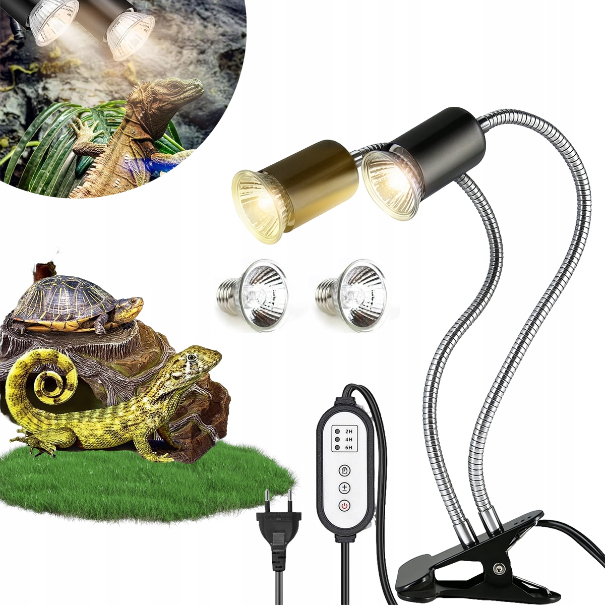Levně Dvouhlavá teplá lampa pro plazy, 2 Uva Uvb žárovky, regulační klip