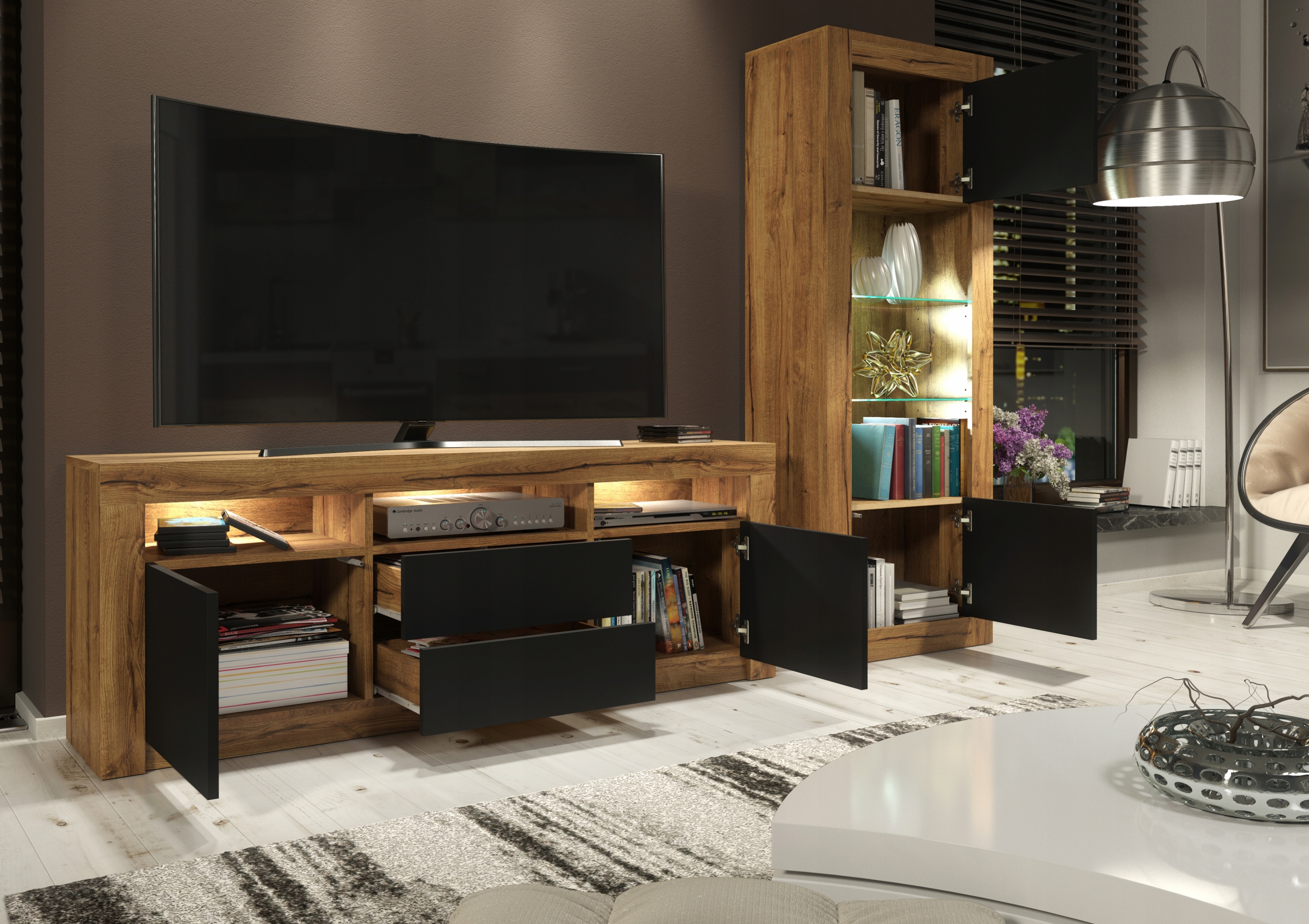 ZESTAW SZAFKA RTV TV WITRYNA RETRO LOFT DĄB/CZARNY Kolor mebla dąb naturalny