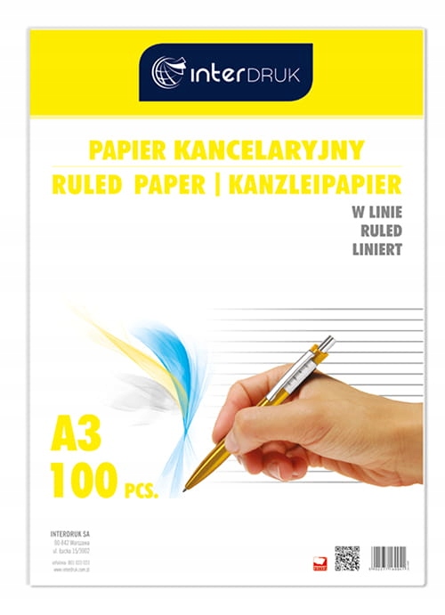 

Papier kancelaryjny A3 100 kartek w linie Interdru
