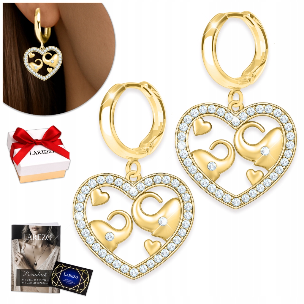 Zlaté Náušnice se slonem Sloní srdce se slonem Kubická zirkonie Slon Stříbro 925