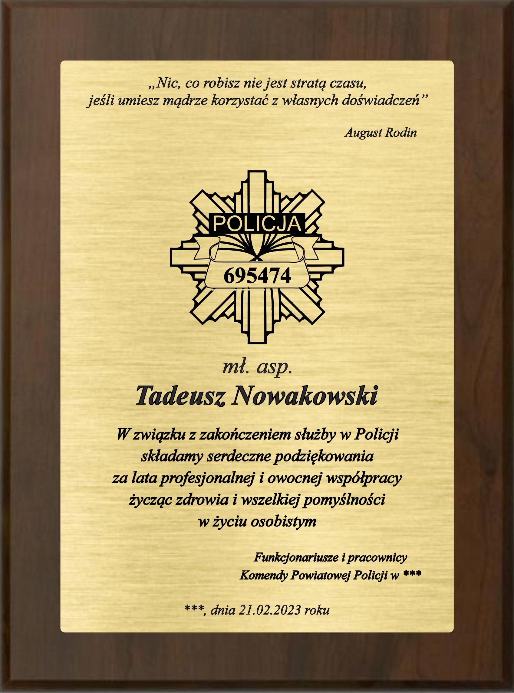 

Dyplom podziękowanie Policja Emerytura grawer