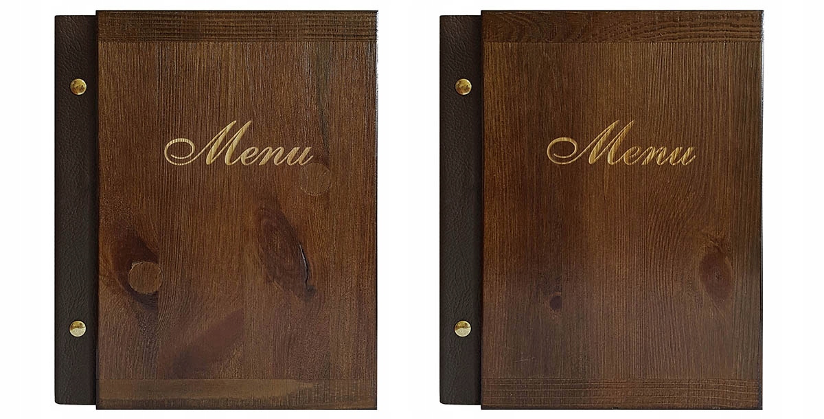 KARTA MENU A5 DREWNIANA OKŁADKA ZE SKÓRĄ JADŁOSPIS Marka Feniks