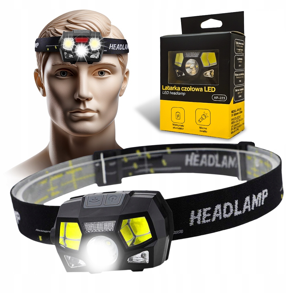 LATARKA CZOŁOWA AKUMULATOROWA LED LAMPKA NA GŁOWĘ CZOŁÓWKA CZUJNIK RUCHU