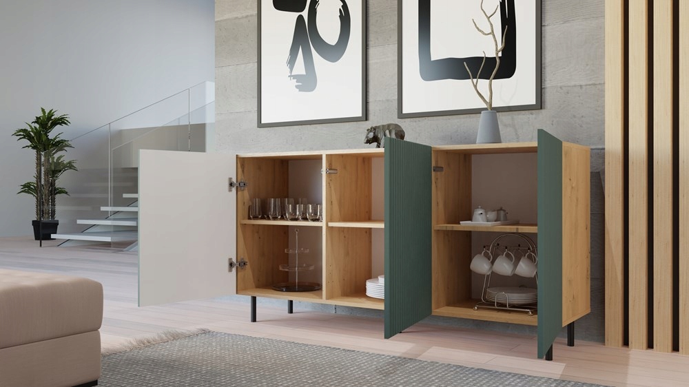 KOMODA 150 cm SZAFKA NOWOCZESNA POJEMNA PÓŁKI DRZWI LAMELE ARTISAN ZIELEŃ Kolor frontów zieleń