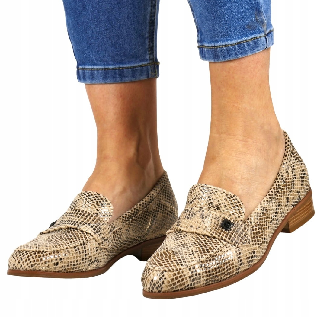 Dámské Mokasíny, Zasouvací Polobotky, Hadí Kůže, Béžové, Měkké 37