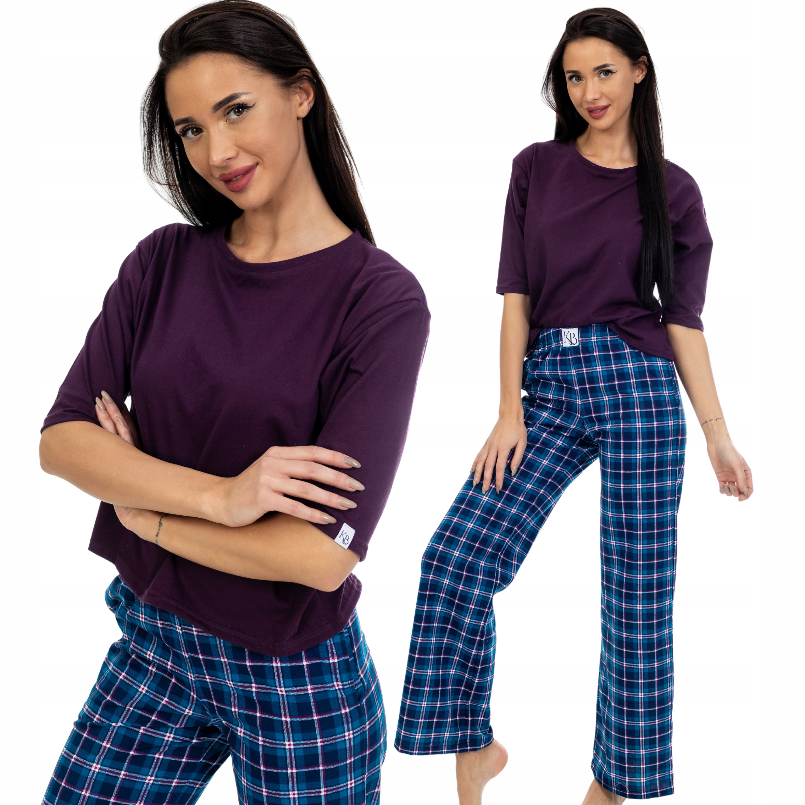 Dámské Pyžamo Fialové 3/4 Rukáv Dlouhé Rovné Kalhoty Kostkovaná Barva Tyrkysová XXL