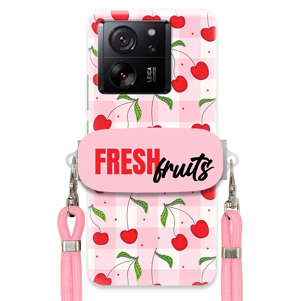 Puzdro pre Xiaomi 13T Case Držiak na šnúrku Ružový Fresh Fruits Mriežka Ovocie