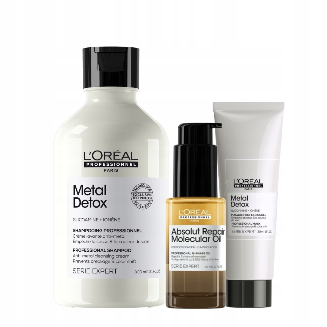 Loreal Metal Detox szampon, Absolut Repair Molecular dwufazowy olejek 30ml
