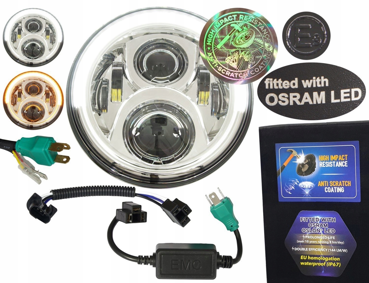 lampa LED chipy OSRAM 7 cali reflektor DRL chrom