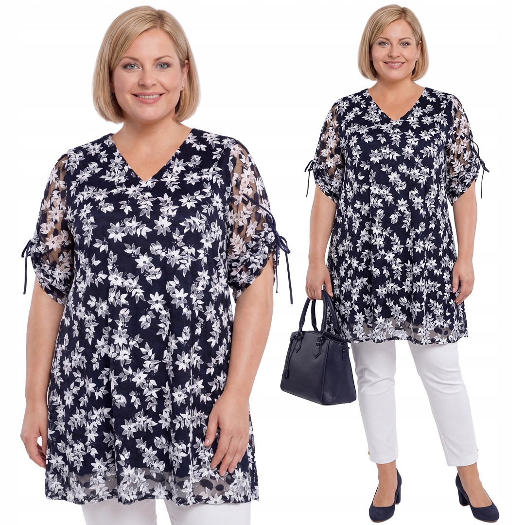 Tmavě modrá krajková tunika s bílými květy plus size velikost 60/62
