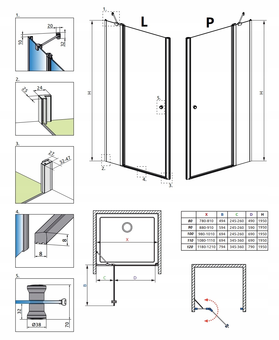 Drzwi prysznicowe Eos DWJ II 120x195 RADAWAY Kod producenta 13799444-01R