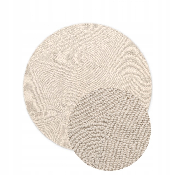 Koberec kulatý vlněný do obývacího pokoje 150 cm, krémový vzor s půlkruhy, 3D efekt