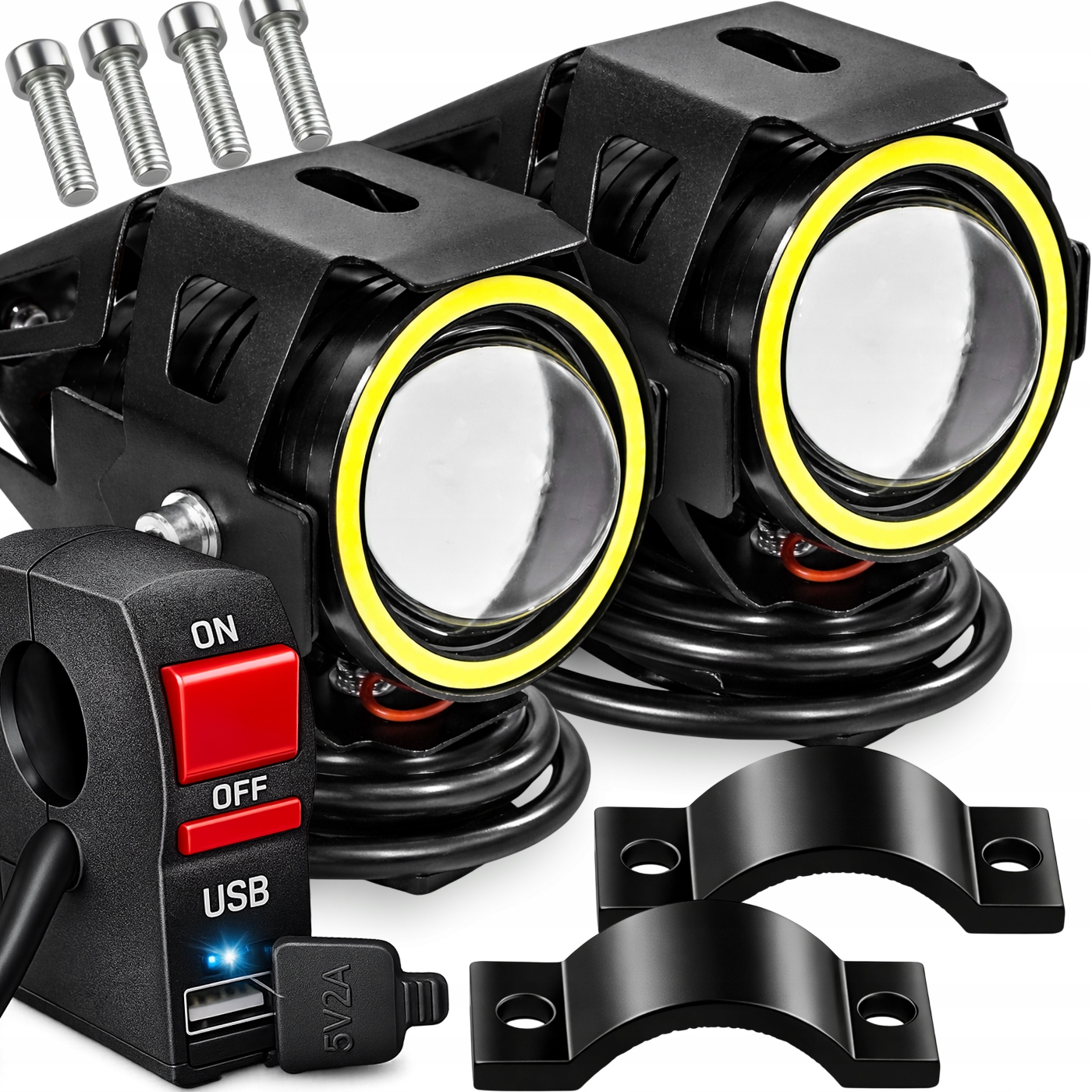 Halogeny Led motocyklové 3000lm čočka ring mlhová světla Usb