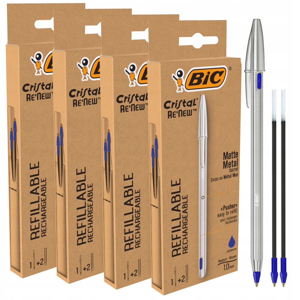 Bic Cristal Renew 4x Długopis Metalowy Niebieski Wytrzymały Biurowy Wkłady