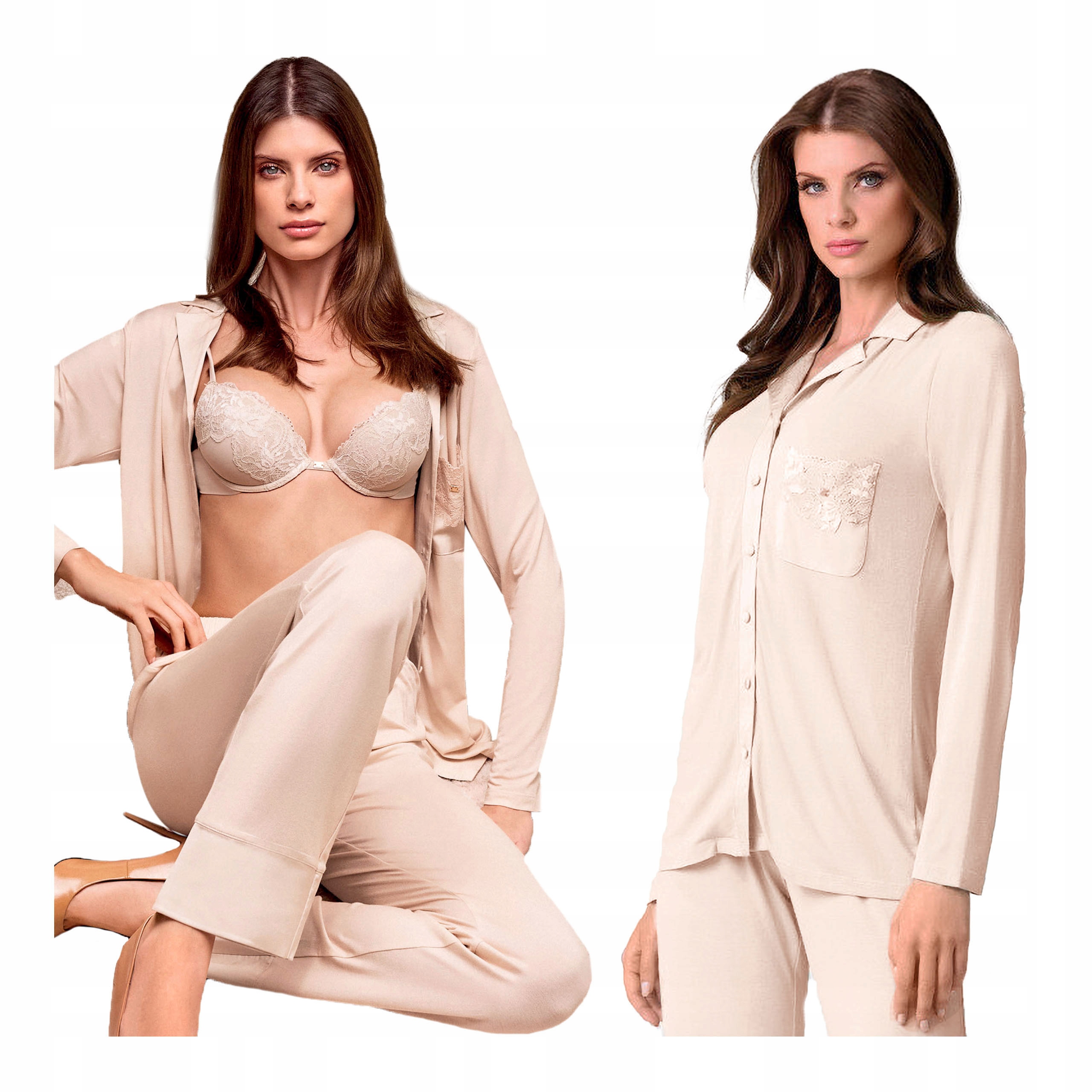 Dámské dvoudílné saténové pyžamo béžové s dlouhým rukávem Lormar 2XL