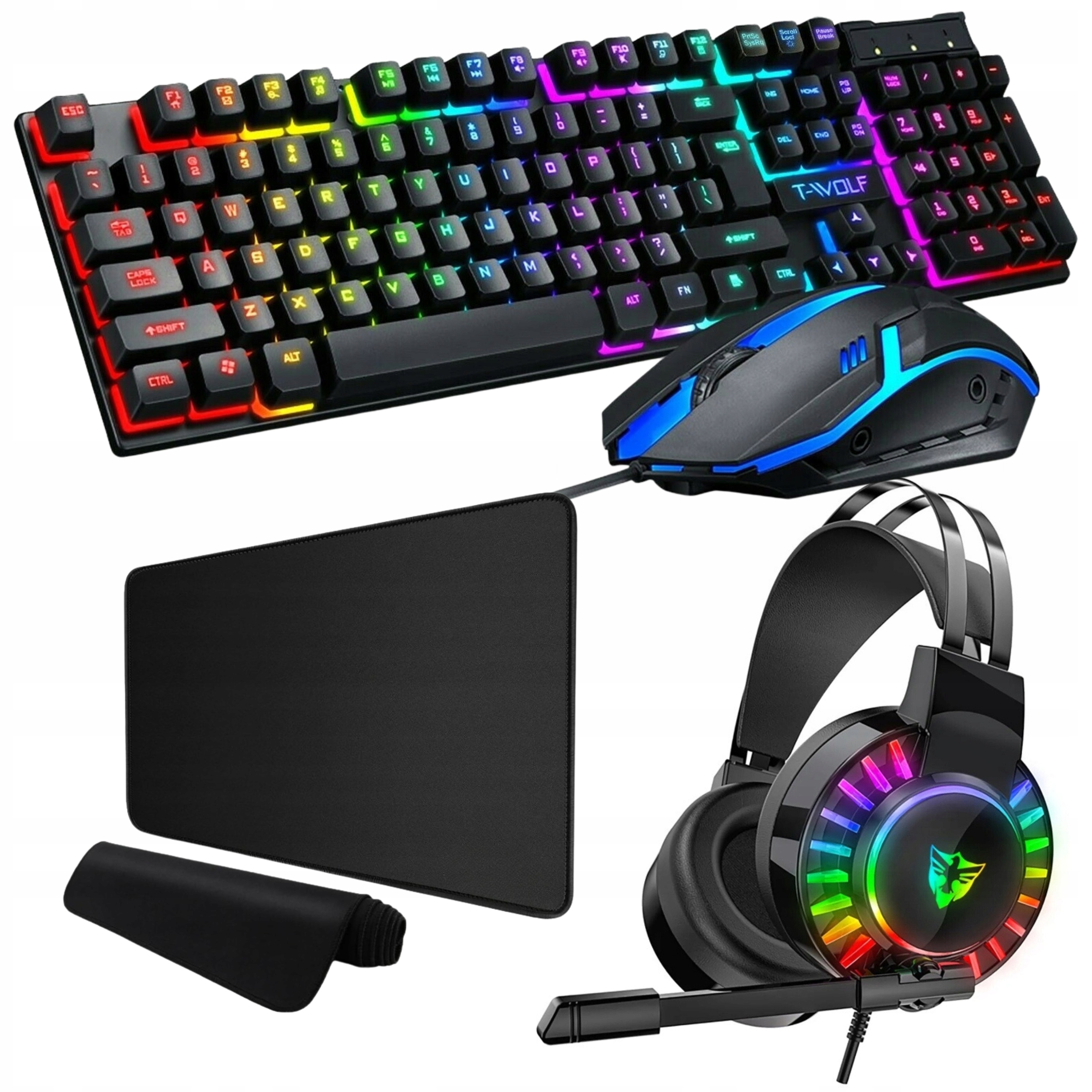 Herní sada 4v1 Led Rgb klávesnice myš sluchátka podložka 2400 Dpi
