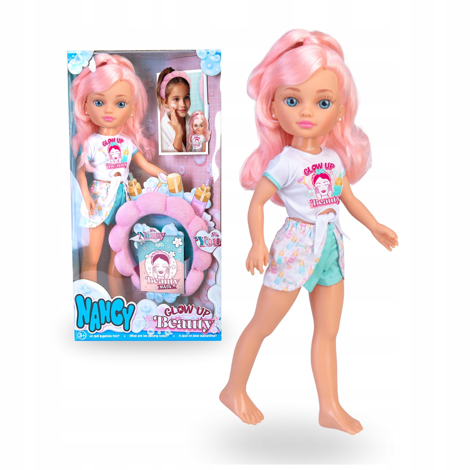 Nancy Glow Up Beauty Pack, lalka s doplňky pro rutinu, pohodlné oblečení