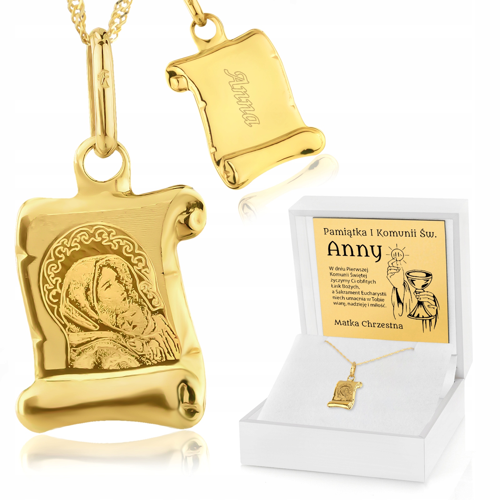 Złoty Medalik z Łańcuszkiem 585 Grawerem na Komunię Pamiątka Komunii