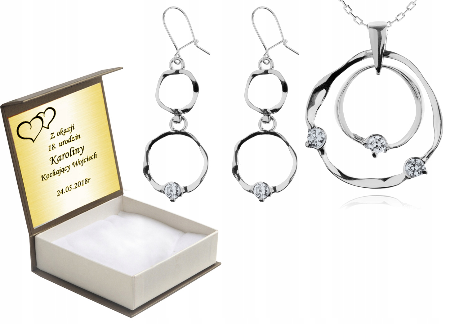 

Komplet Biżuterii Srebrnej Z Cyrkoniami + Grawer