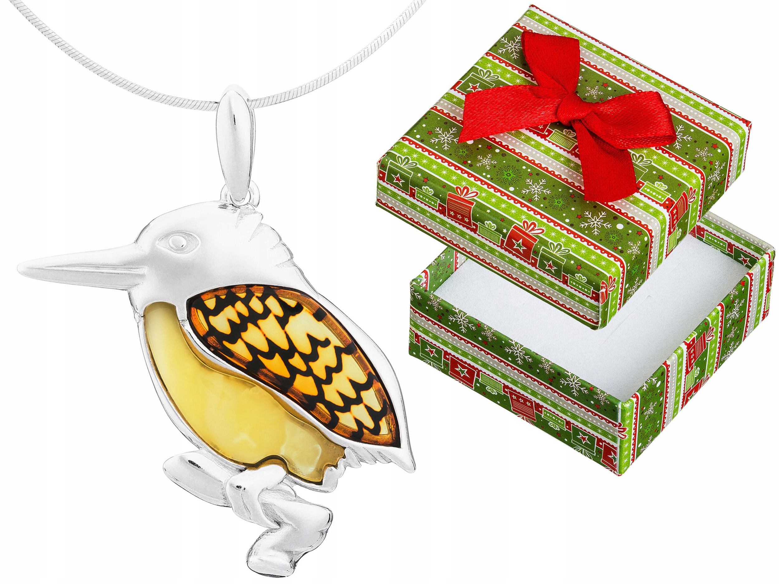 Krátký Stříbrný Dámský Náhrdelník Velký Pták Ledňáček s Jantarem Choker 30