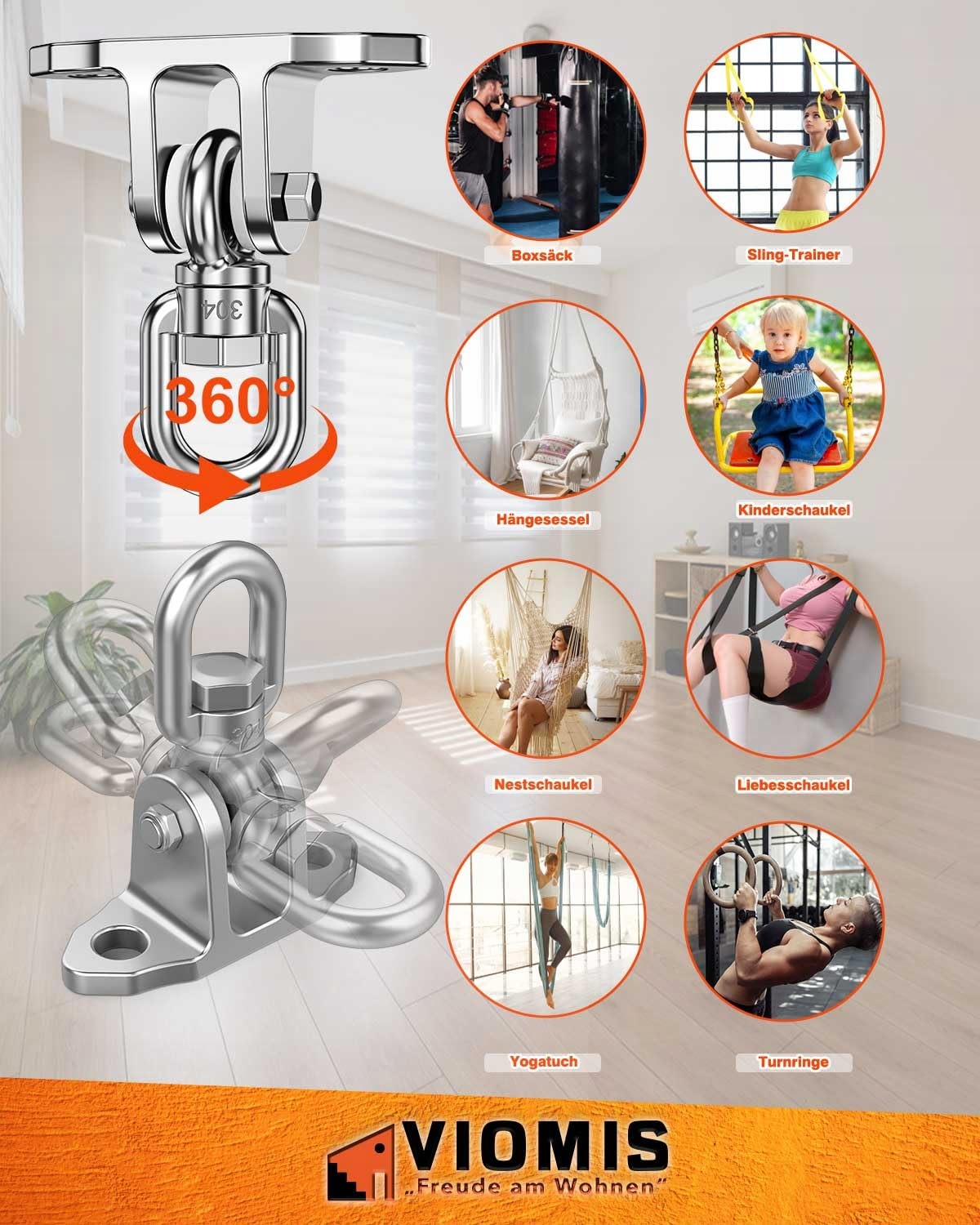 VIOMIS Hak Obrotowy 360° Stalowy Uchwyt Sufitowy 450KG Hamak Fotel Boks — miniatura 5