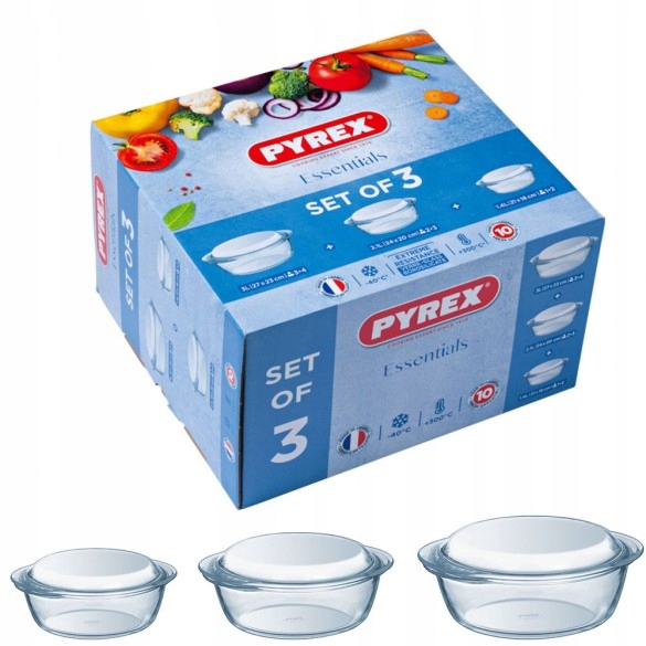 Sada 3 x Žáruvzdorná Kulatá Nádoba Pyrex