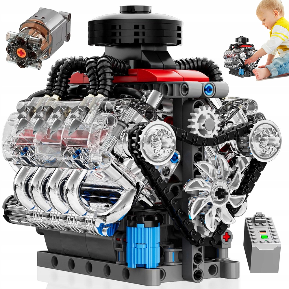 487el Silnik V8 z klocków – przezroczysta konstrukcja widoczny ruch tłoka