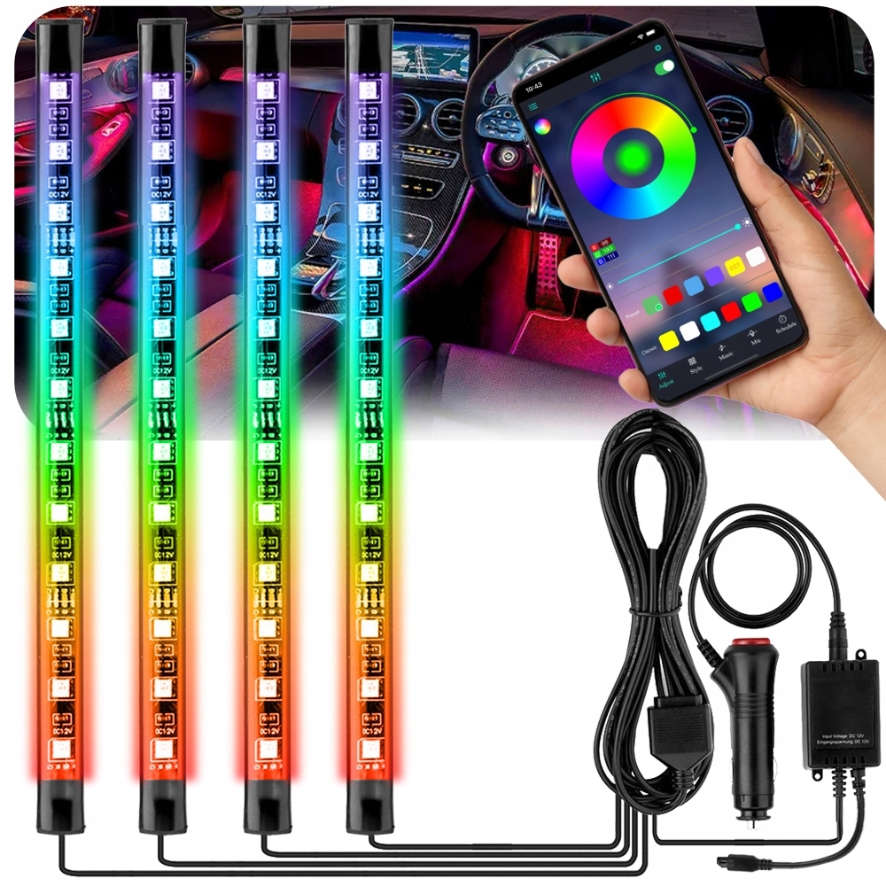 OŚWIETLENIE WNĘTRZA AUTA LISTWY LED POJAZD RGB USB BT STEROWANIE APKĄ
