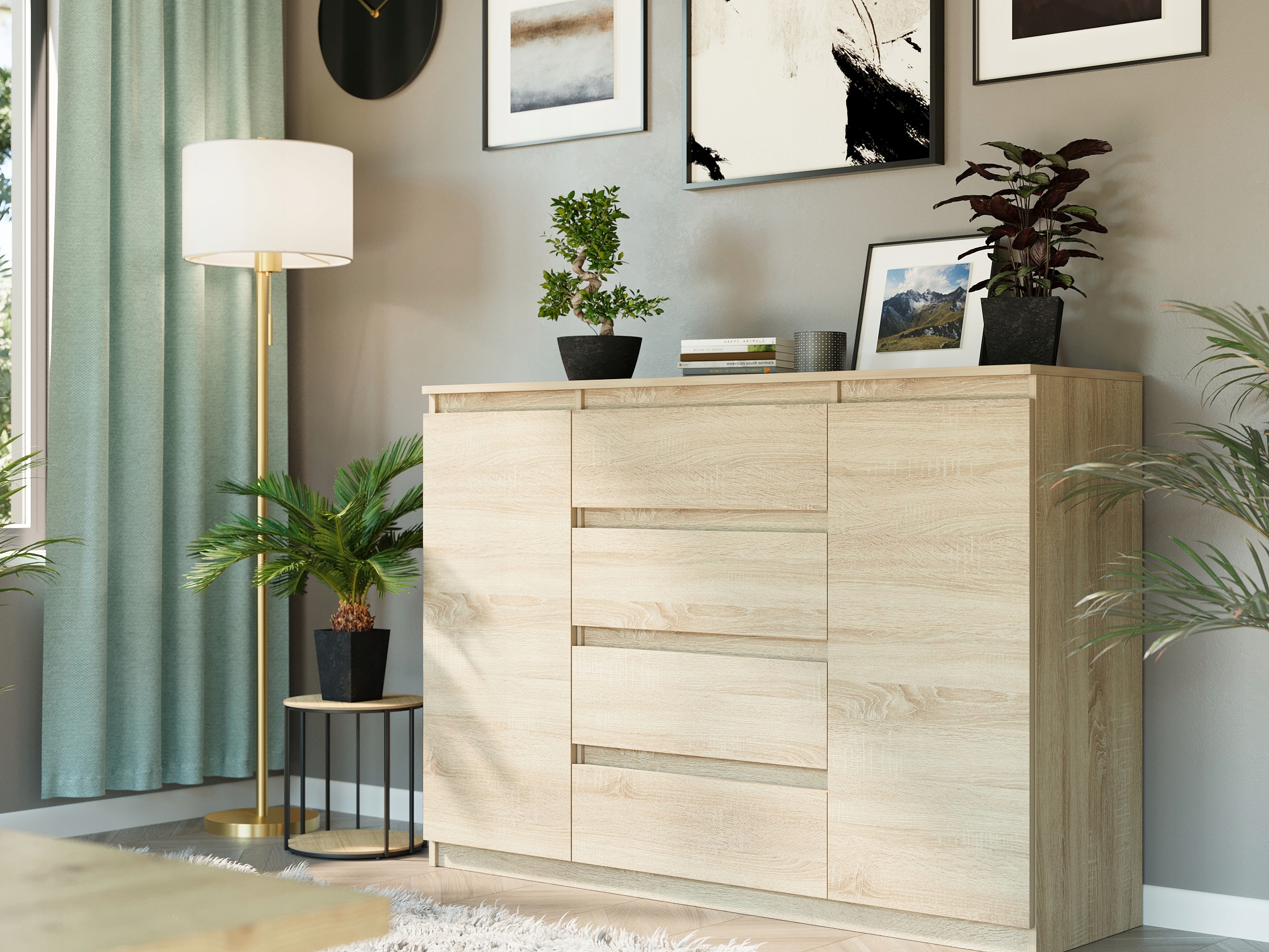 Modna KOMODA 140 SZAFKA 4 SZUFLADY 2 PÓŁKI Sonoma