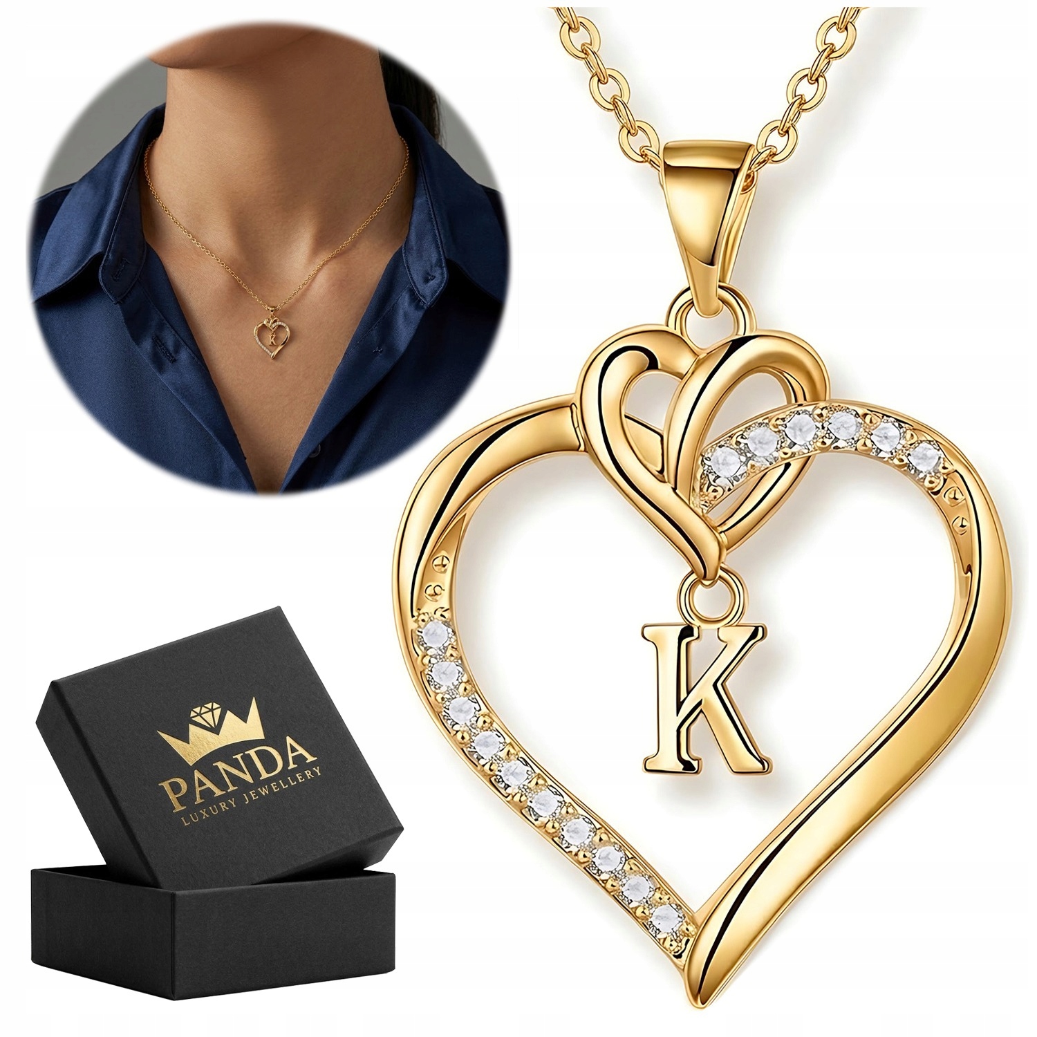 Złoty Naszyjnik Serce z Literką K Srebro 925 Cyrkonie dla Kobiety