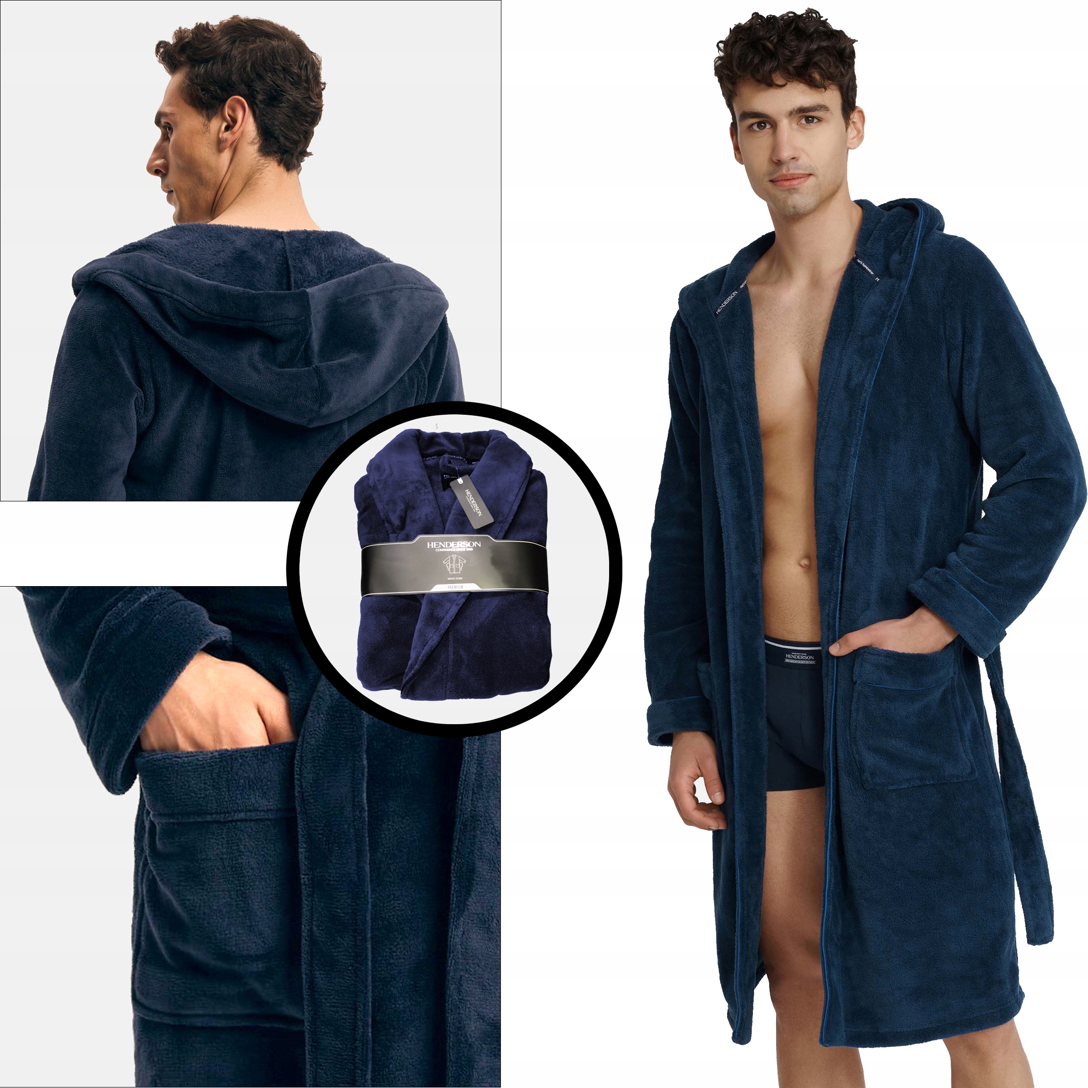 Henderson pánský župan s kapuce, na zavazování, s kapsami jz25 Premium, tmavě modrý, L