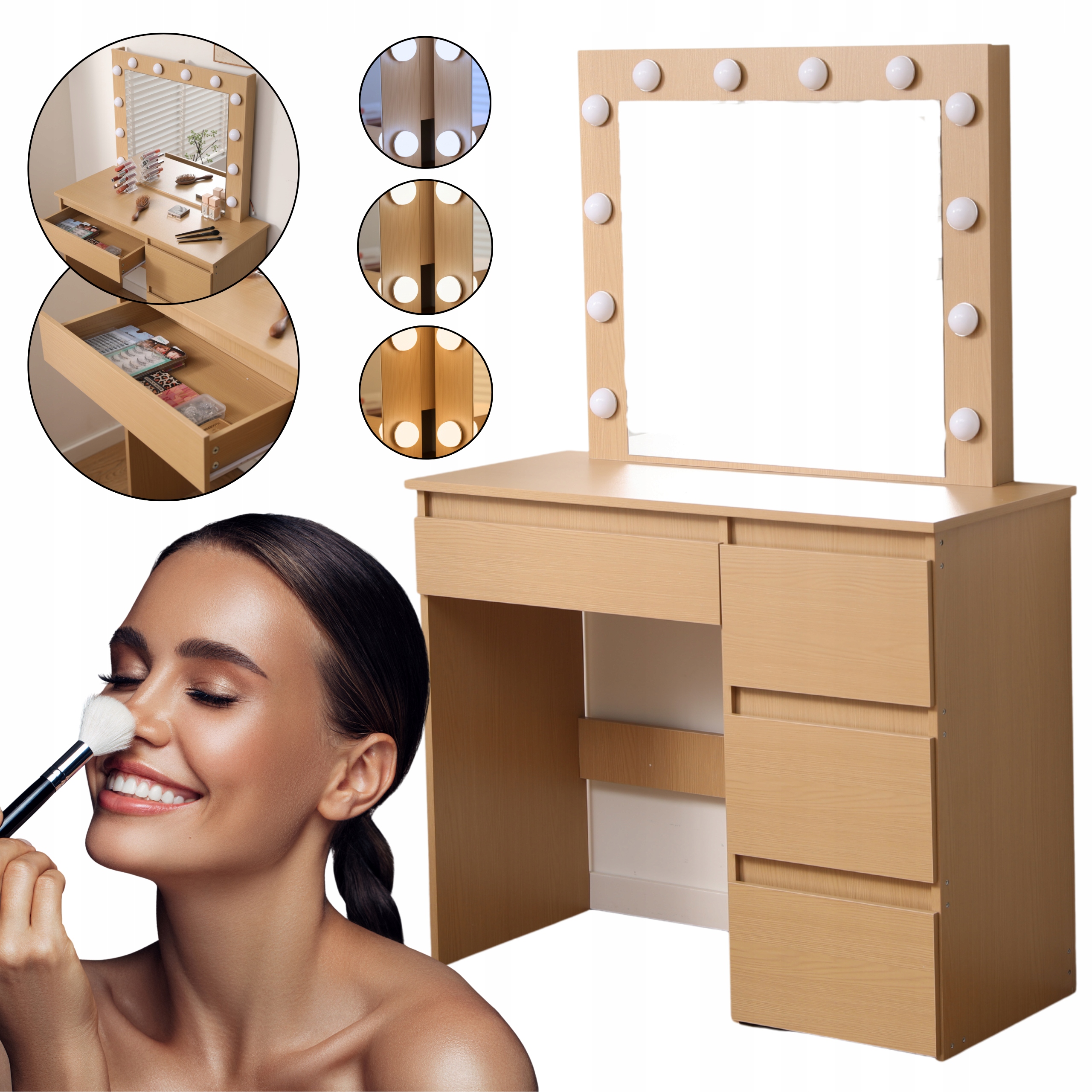 TOALETKA LUSTRZANA DT07 LED 3 BARWY ŚWIATŁA DUŻE LUSTRO 4 SZUFLADY DĄB