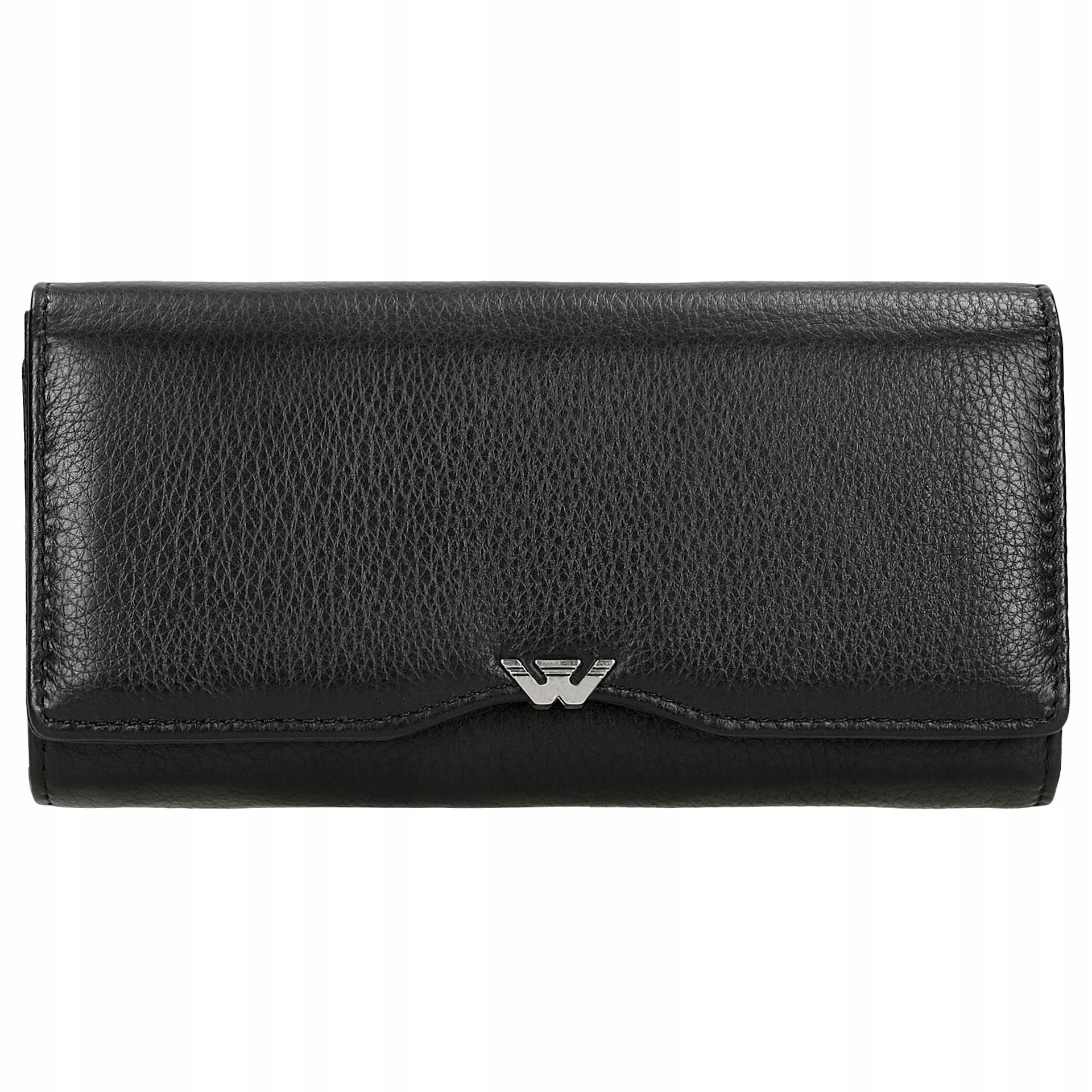 Czarny portfel damski z metalowym logo na klapce