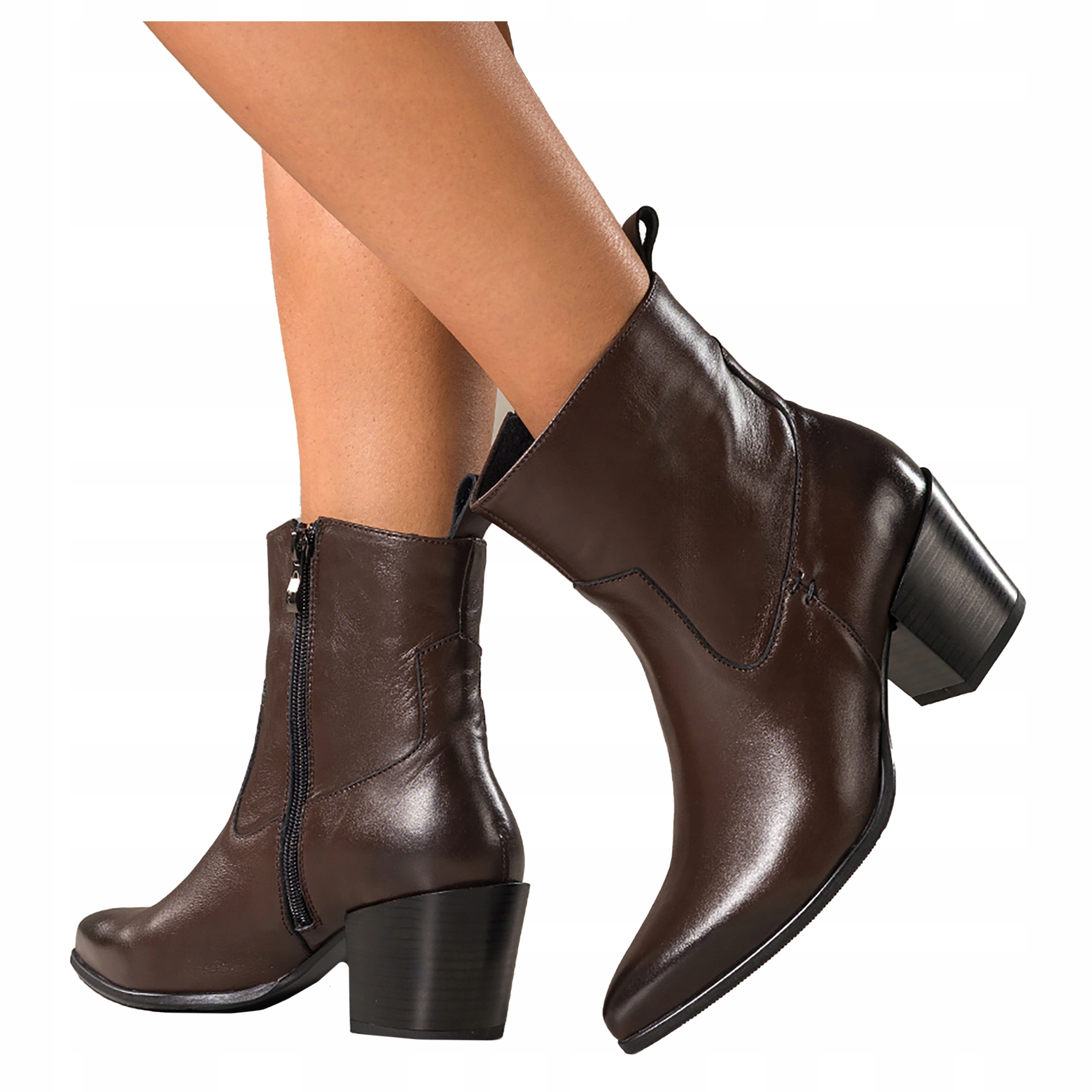 Kotníkové Boty Čokoládové Dámské Kožené Kovbojské Boty Pohodlné Na Klocku Modne vel. 38