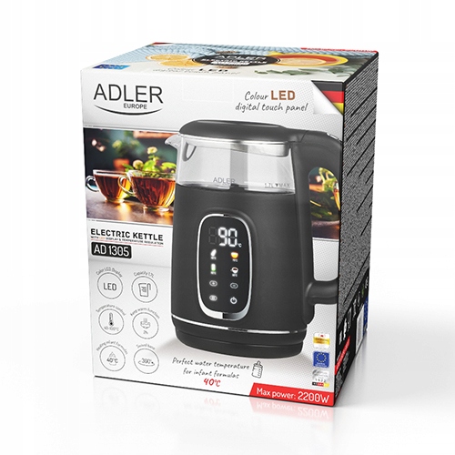 Czajnik Elektryczny Czarny 2200W Regulacja Stal Nierdzewna LED Adler 1,7 L