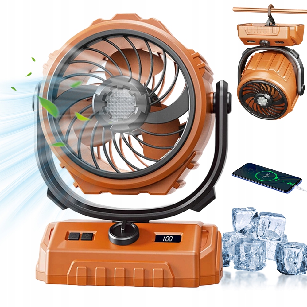 Turistický Ventilátor S Led 270° Otáčením Hlavy A 300° Hákem S Powerbankou